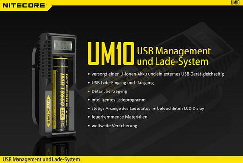 Nitecore UM10 USB Akkuladegerät für Li-Ion Akkus - LCD Statusanzeige