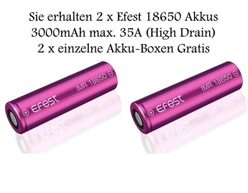 2 x Efest Purple IMR 18650 3000mAh 3,7 V- Flat-Top - max. 35A