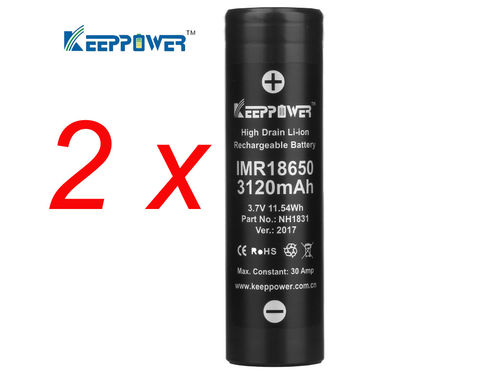 2 x Keeppower IMR 18650 - 3120mAh - High Drain, max. 30A - Li-ion Akkus + Akkubox