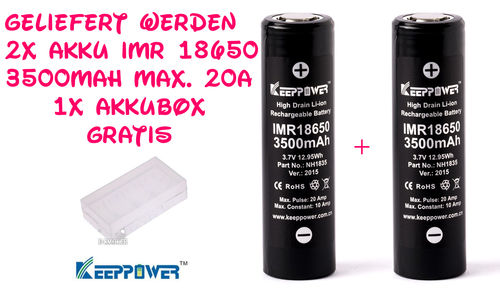 2 x KeepPower IMR 18650 3500 mAh - Li-Ion Akkus - Flat-Top - max. 20 A