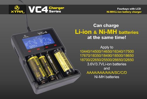 Xtar VC4 - Ladegerät für Li-Ion 3,6V - 3,7V und NIMH Akkus + USB-Kabel
