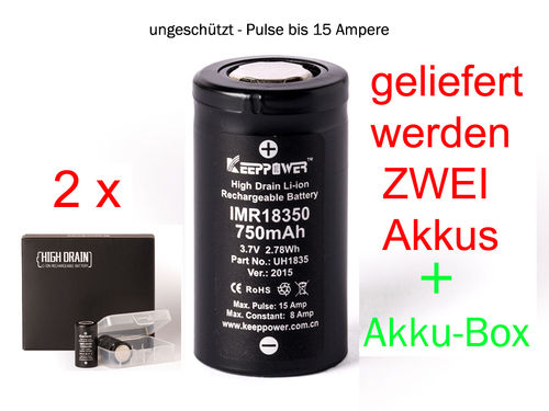 2 x Keeppower IMR 18350 - 750mAh pulse 15A Li-Ion Akku - Flachkopf - ungeschützt