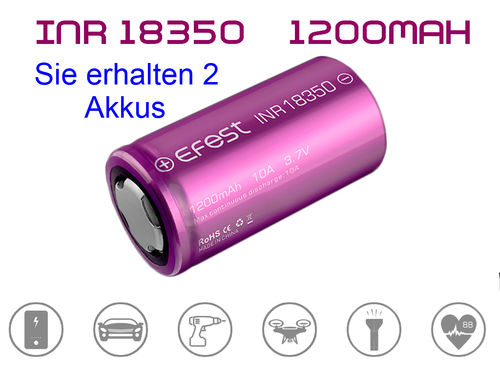 2 x Efest INR 18350 - 1200mAh 3,7V Li-Ion-Akku max.15A - Pluspol flach